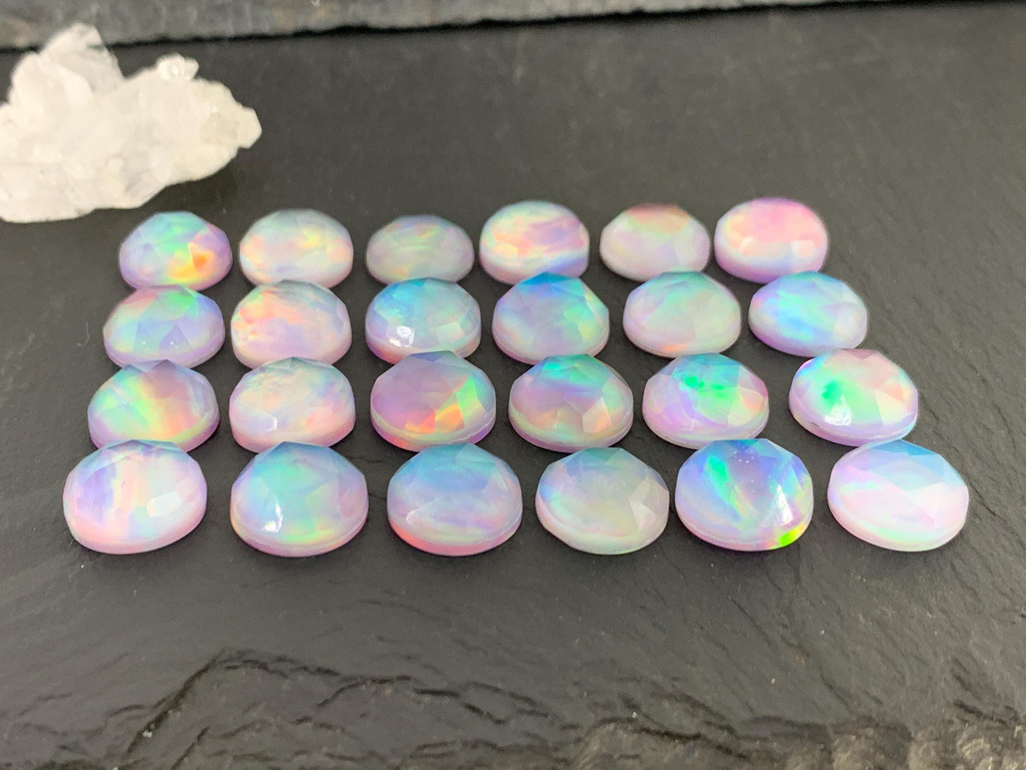 Faceted Aurora Opal round 12mm cabochon - Doublet cabochons