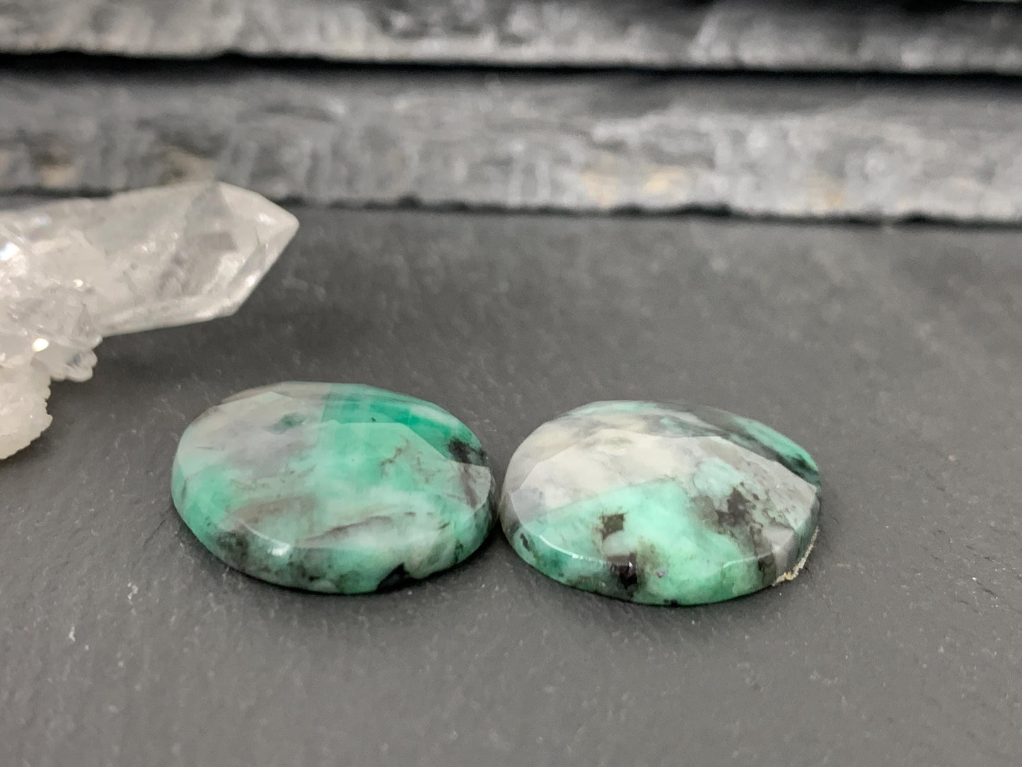 Faceted Emerald Pair 19x21x5mm Cabochons