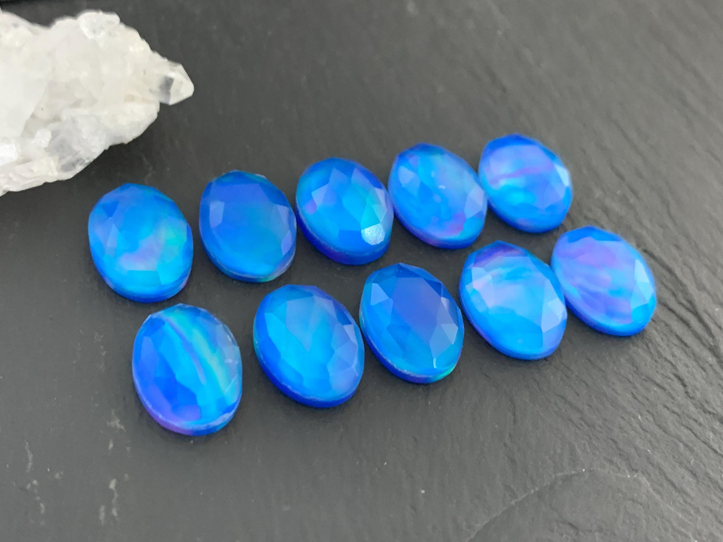 Faceted  Aurora Opal oval 10x14mm cabochons - Doublet cabochons