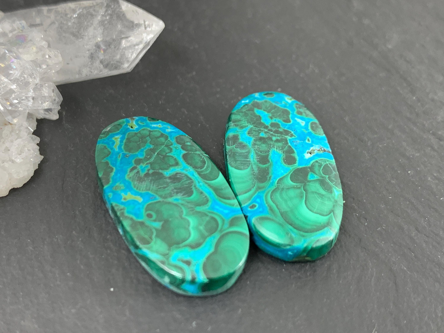 Discounted Malachite Chrysocolla oval 13x24x4mm cabochon pair
