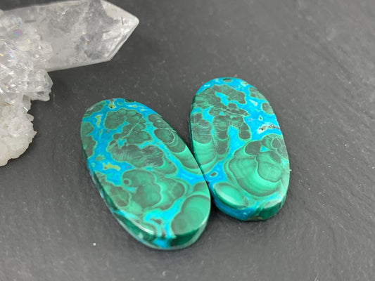 Discounted Malachite Chrysocolla oval 13x24x4mm cabochon pair