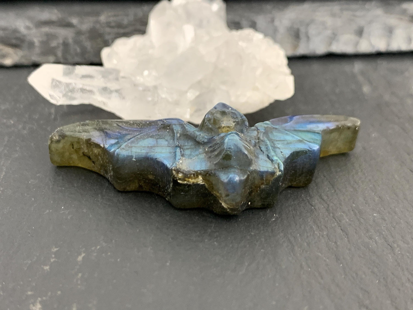 Discounted Labradorite skeleton bat 19x48mm flat back carving