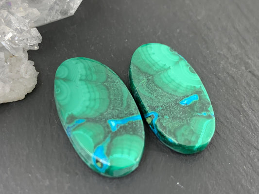 Malachite Chrysocolla oval 14x26x4.5mm cabochon pair