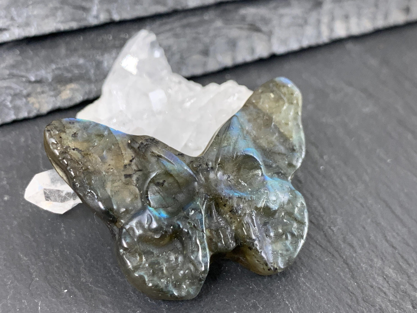 Labradorite Butterfly Carving - 29x41mm Flat Back Ghost Face Gemstone