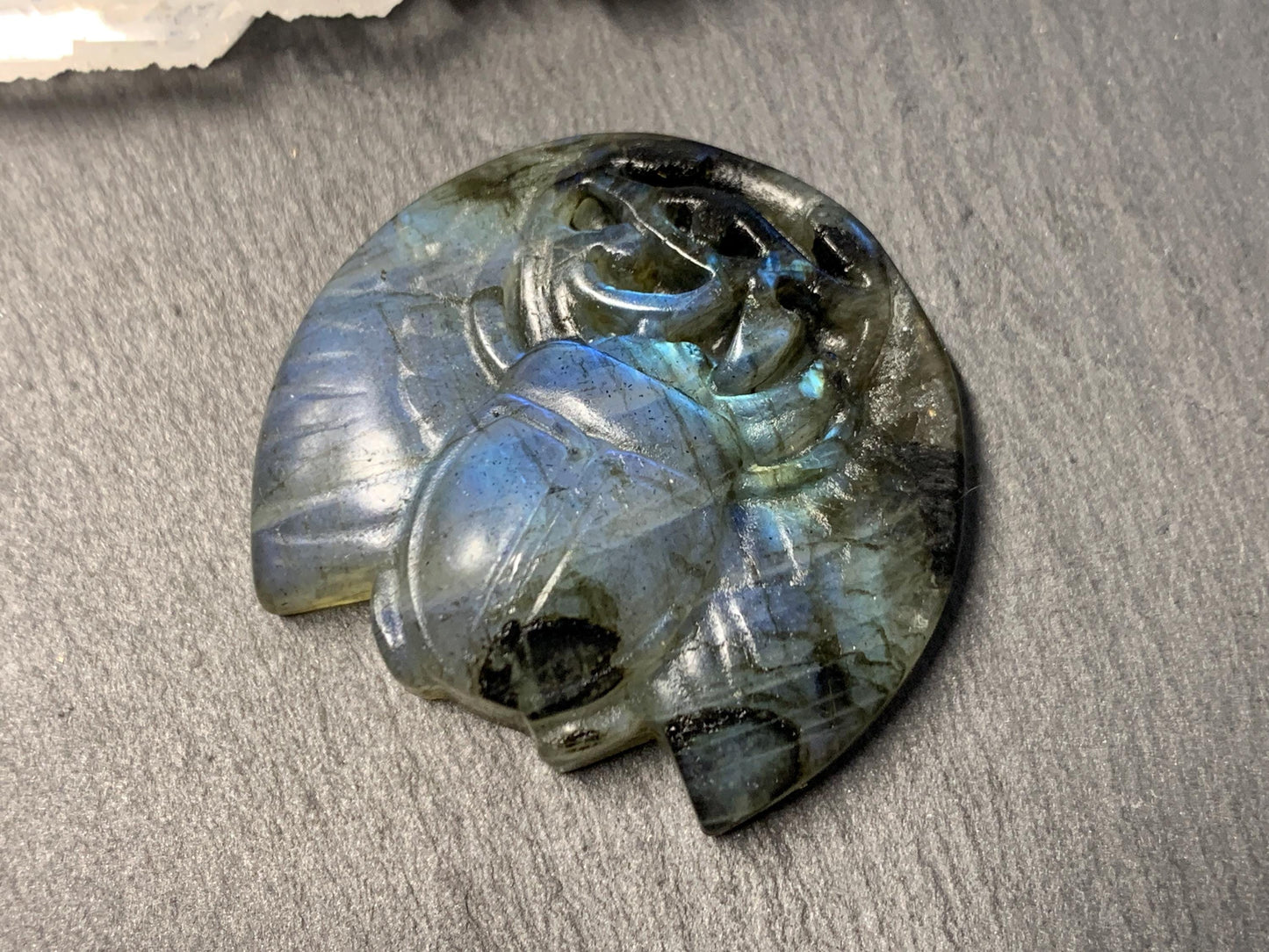 Labradorite Scarab Carving: Ancient Egyptian Eye of Horus Symbol of Protection (34x31mm)