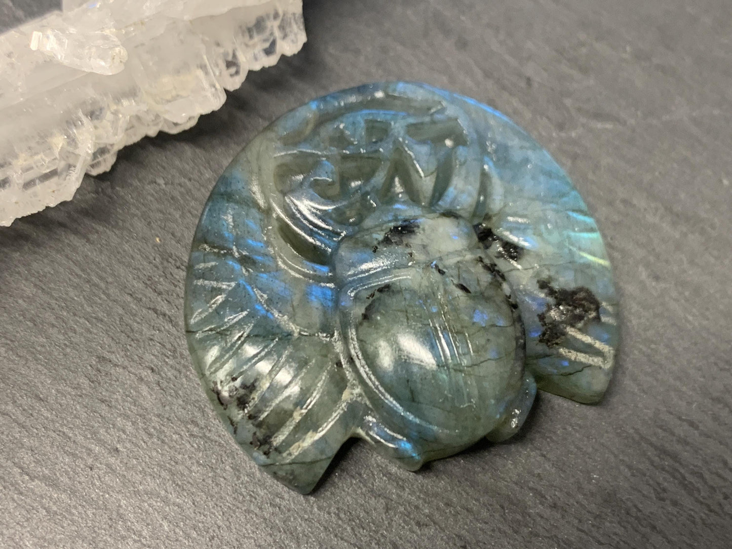 Labradorite Scarab Carving: Ancient Egyptian Eye of Horus Symbol of Protection (34x30mm)
