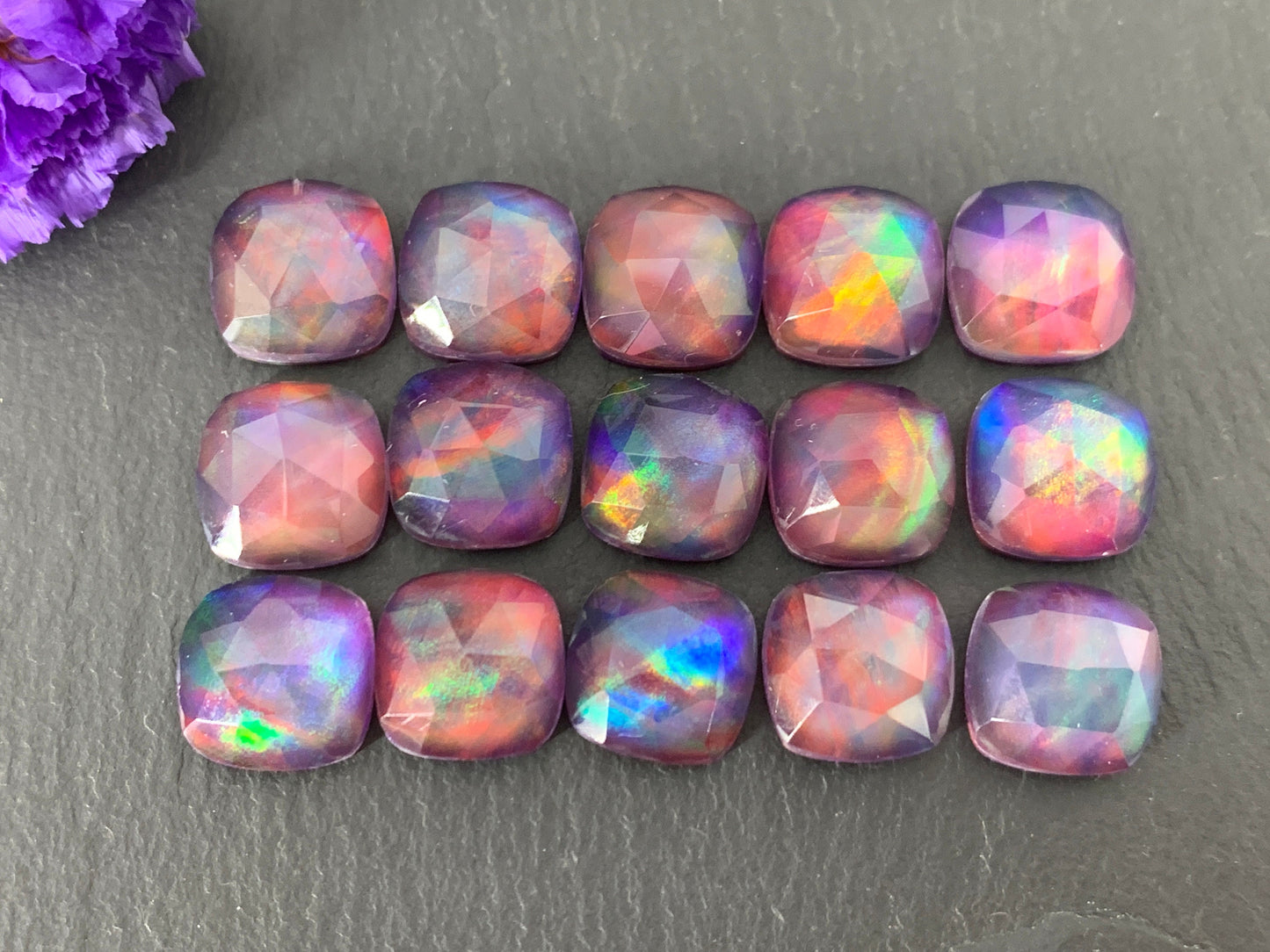 Faceted Aurora Opal square 10mm cabochon - Doublet cabochons