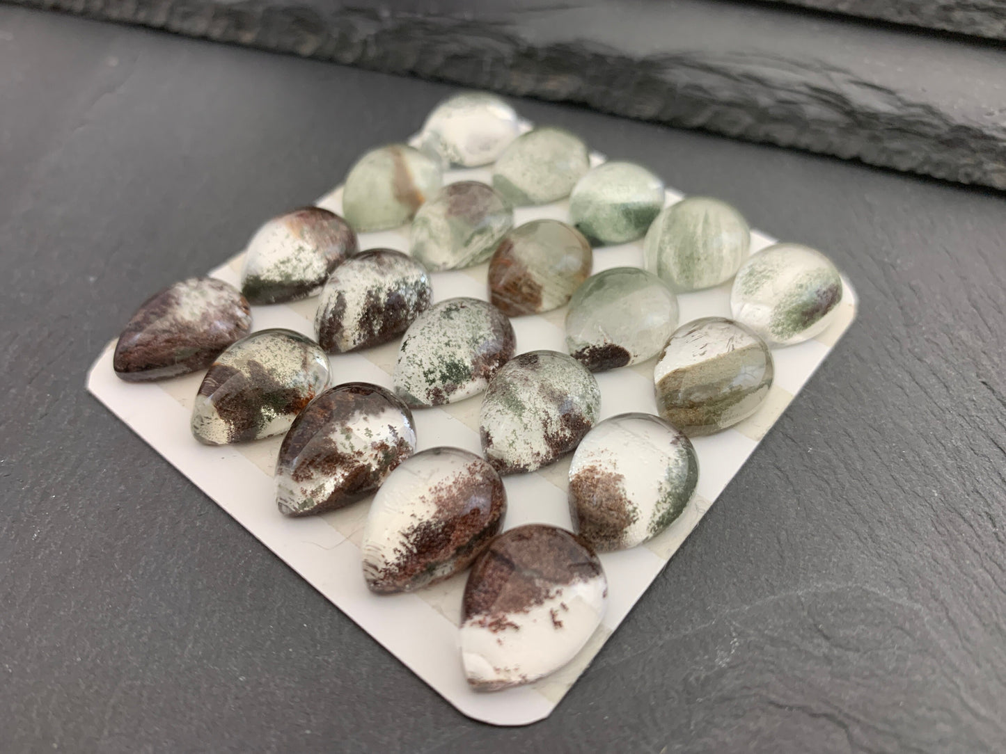 Green Phantom Crystal pear 12x16mm cabochon