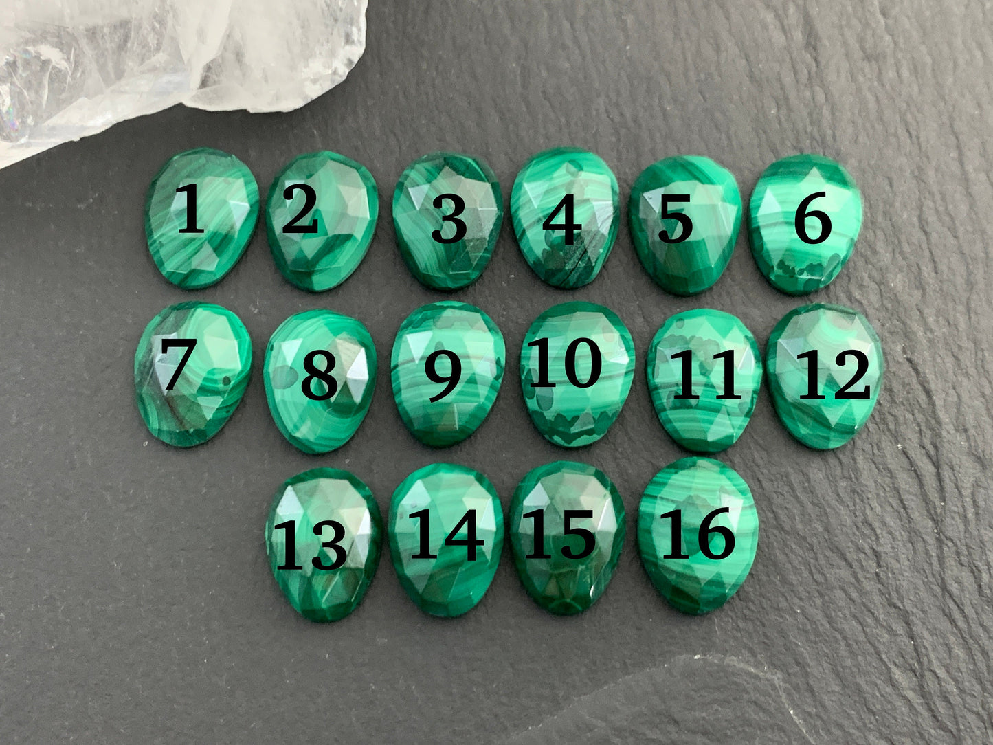 Faceted Malachite pear 10x13mm cabochon
