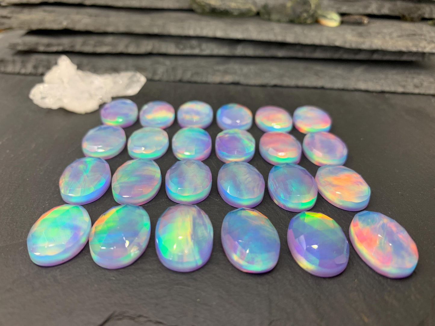 Faceted Aurora Opal oval 13x18mm cabochons - Doublet cabochons
