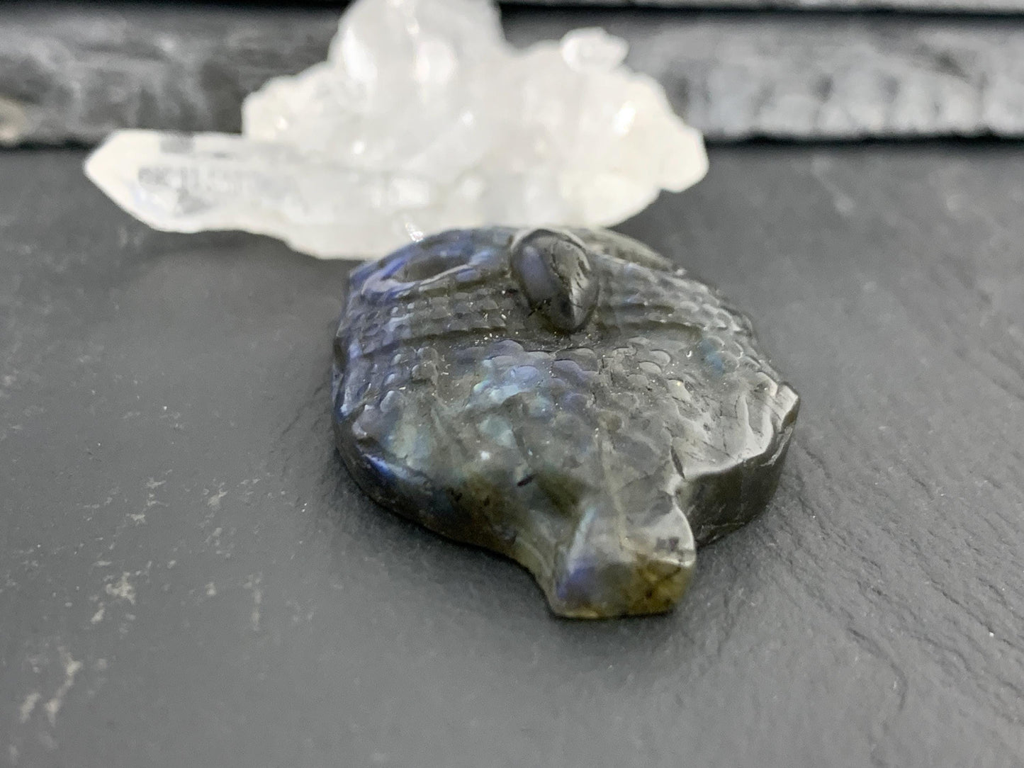 Labradorite owl 27x37mm cabochon carving