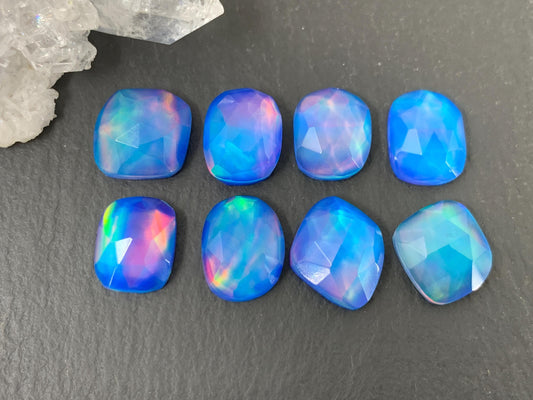 Faceted Aurora Opal free form 10-11mm long doublet cabochons