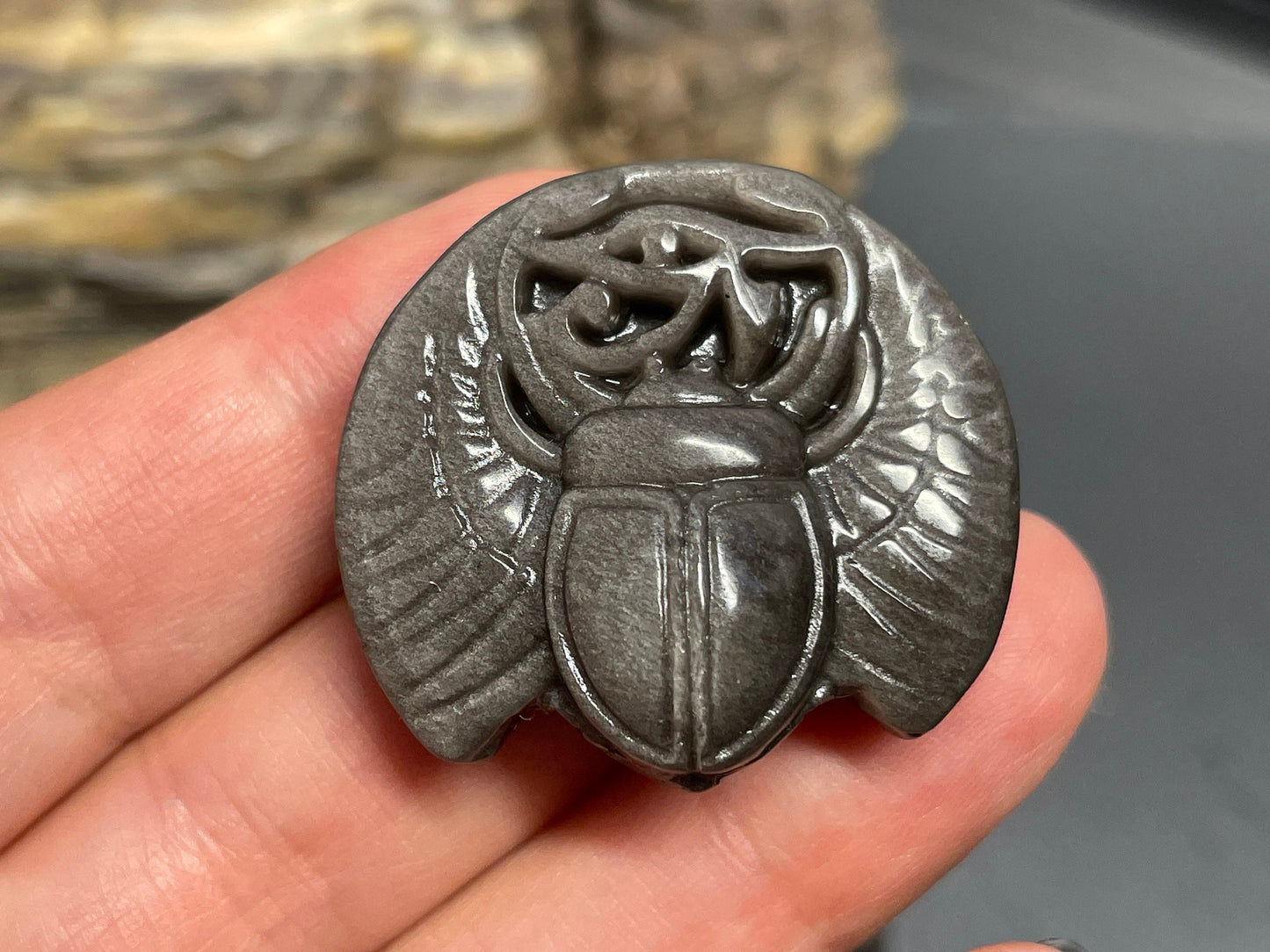 Silver Obsidian Ancient Egyptian Scarab Eye of Horus Symbol of Protection