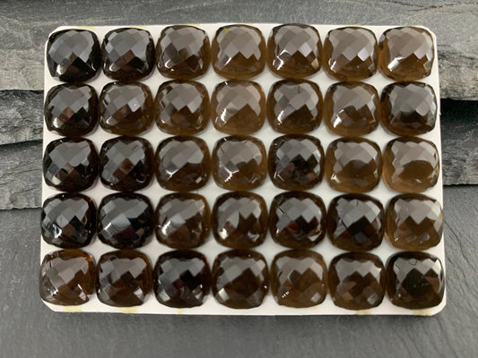 Faceted Smokey Quartz square cushion 10mm cabochon - Calibrated cabochons