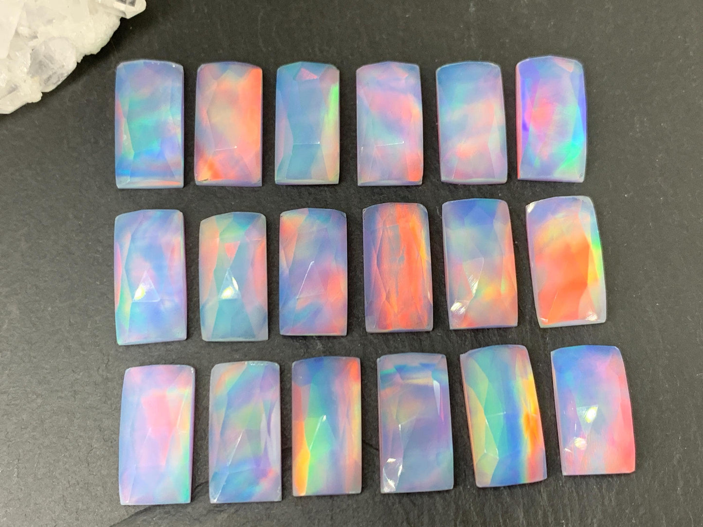 Faceted Aurora Opal rectangle 8x15-16mm cabochon - Doublet cabochon