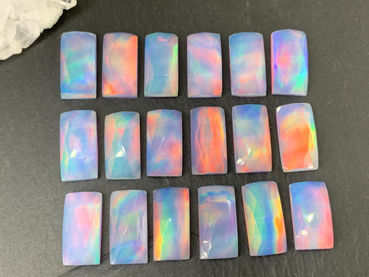 Faceted Aurora Opal rectangle 8x15-16mm cabochon - Doublet cabochon