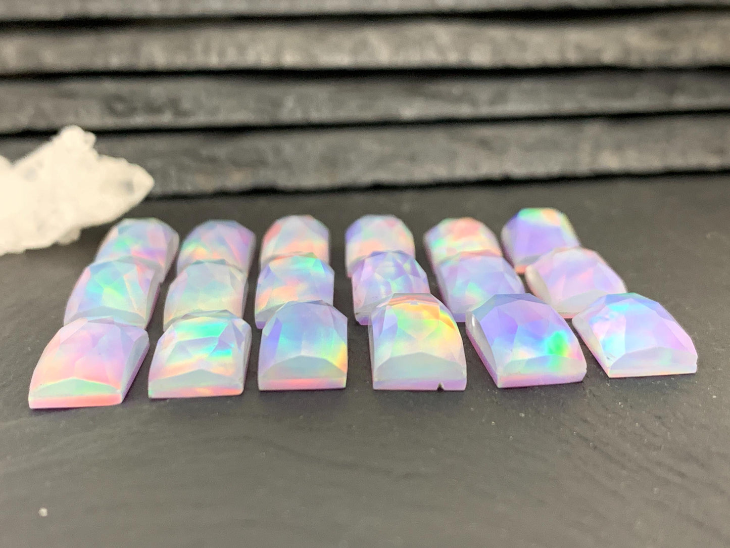 Faceted Aurora Opal rectangle 8x15-16mm cabochon - Doublet cabochon