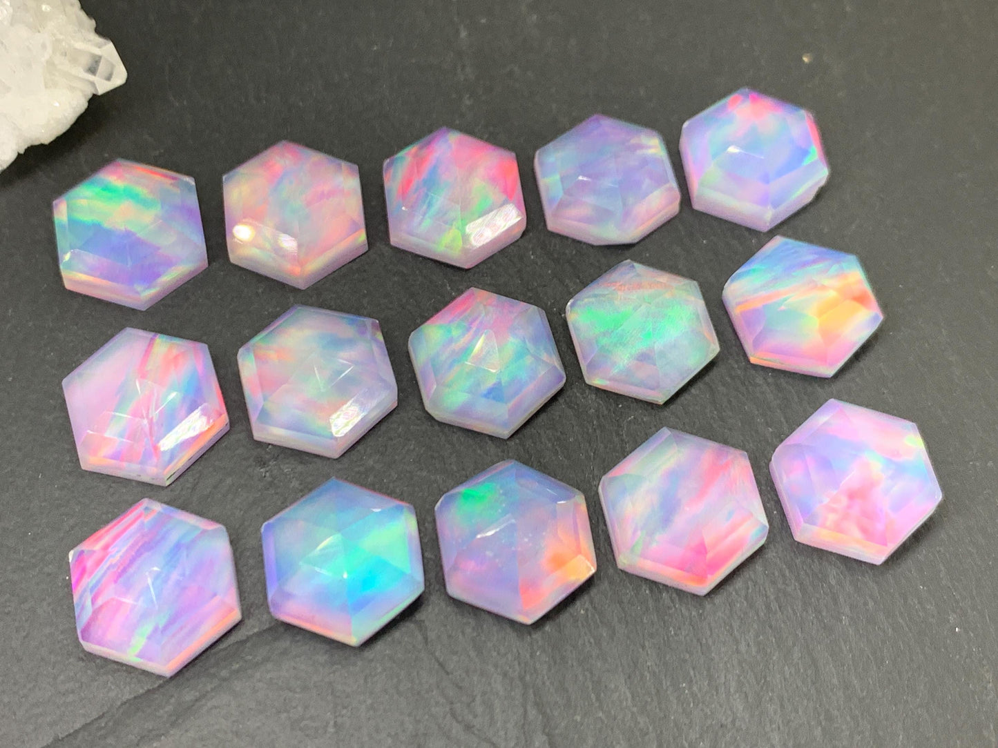 Faceted  Aurora Opal hexagon 12mm cabochon - Doublet cabochons - man made Opal