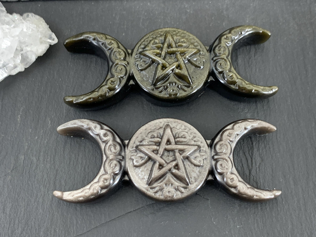 Obsidian Pentacle Altar Decor, Triple Moon Carving - Wiccan Gift