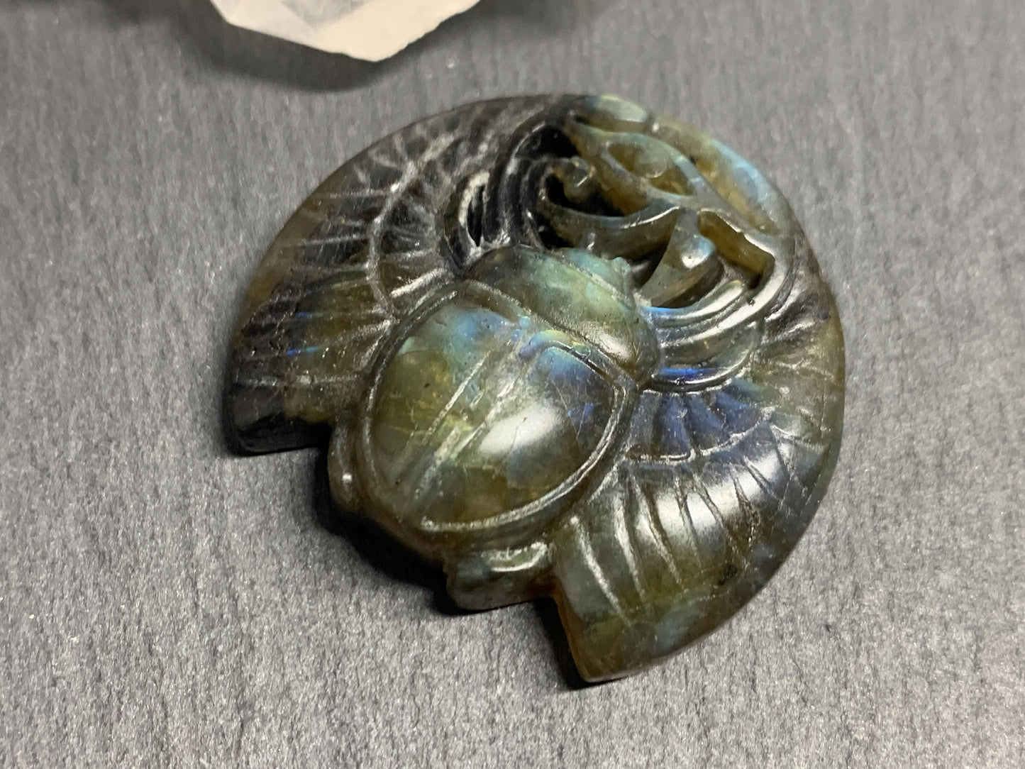 Labradorite Scarab Carving: Ancient Egyptian Eye of Horus Symbol of Protection (35x31mm)