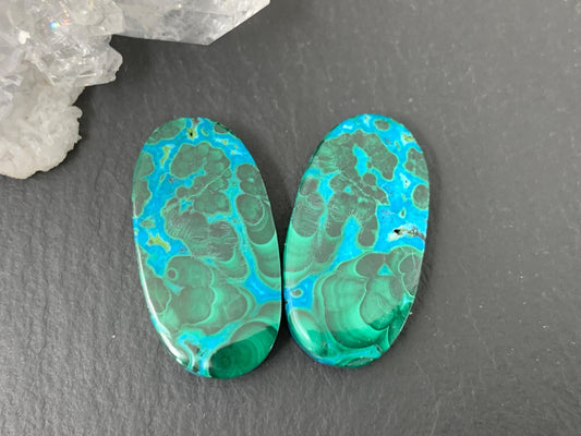 Discounted Malachite Chrysocolla oval 13x24x4mm cabochon pair