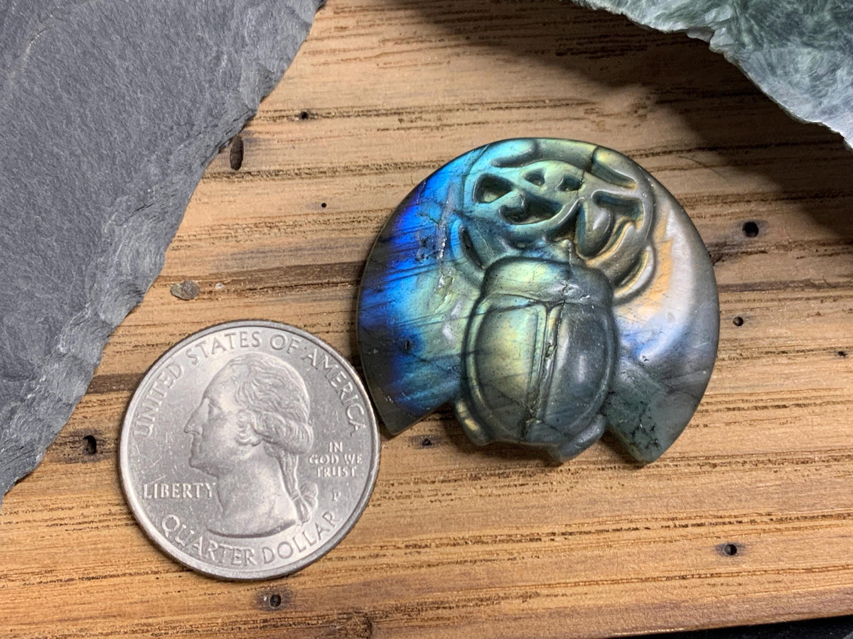 Labradorite Scarab Carving: Ancient Eye of Horus Symbol of Protection (34x31mm)