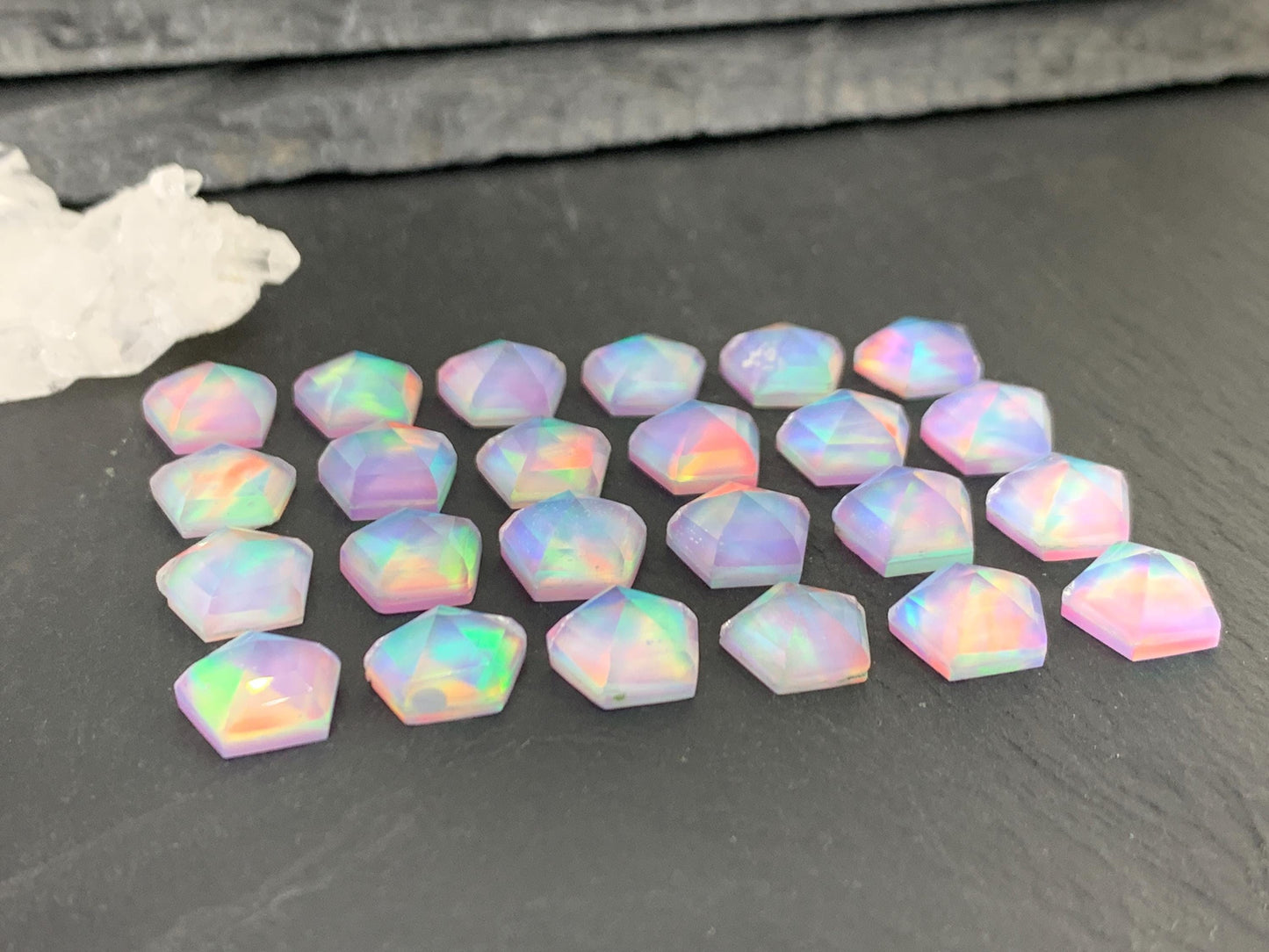 Faceted  Aurora Opal pentagon 10mm cabochon - Doublet cabochons/ Select your cabochon