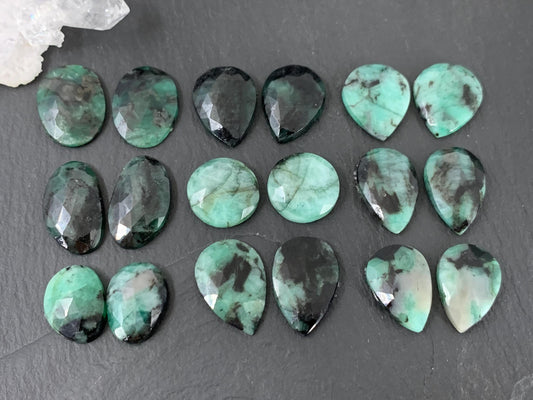 Faceted Emerald Pair 14-18mm long cabochons