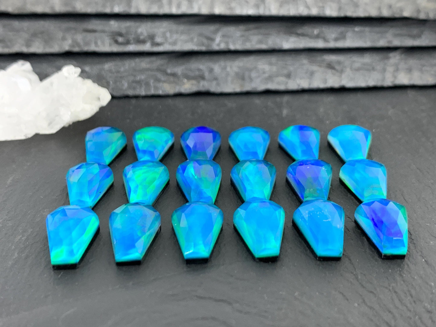 Faceted Aurora Opal coffin 10x16mm cabochon - Doublet cabochons