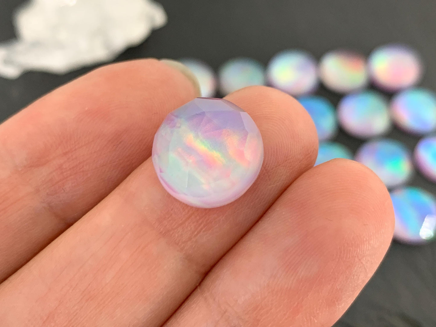 Faceted Aurora Opal round 12mm cabochon - Doublet cabochons