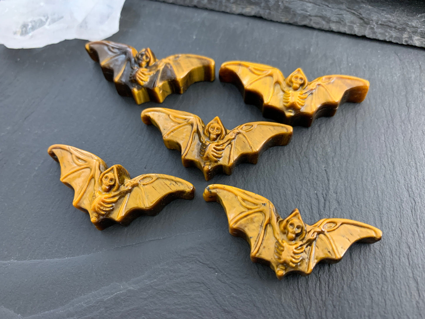 Tiger Eye skeleton bat cabochon carving