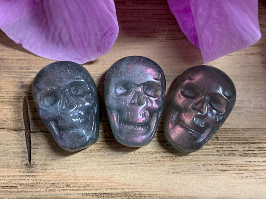 Labradorite Skull Carving, Pink- Purple Flash Crystal Skull, Gothic Crystal Decor, Witchy Home Decor:15x22