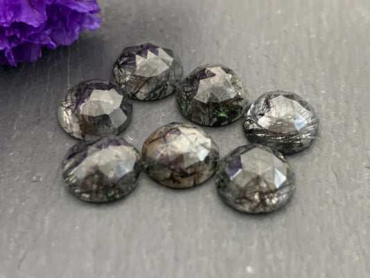 Faceted Black Rutilated Quartz round 8mm cabochon