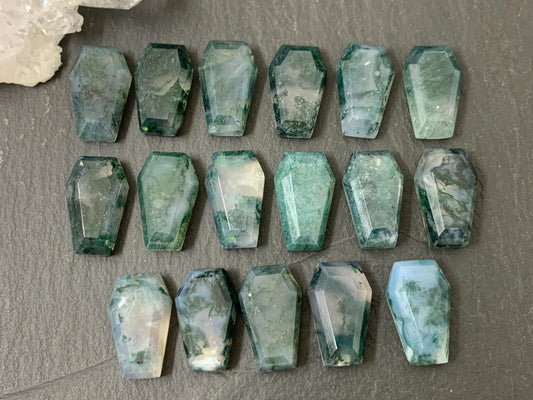 Faceted Moss Agate coffin 10x16mm cabochon