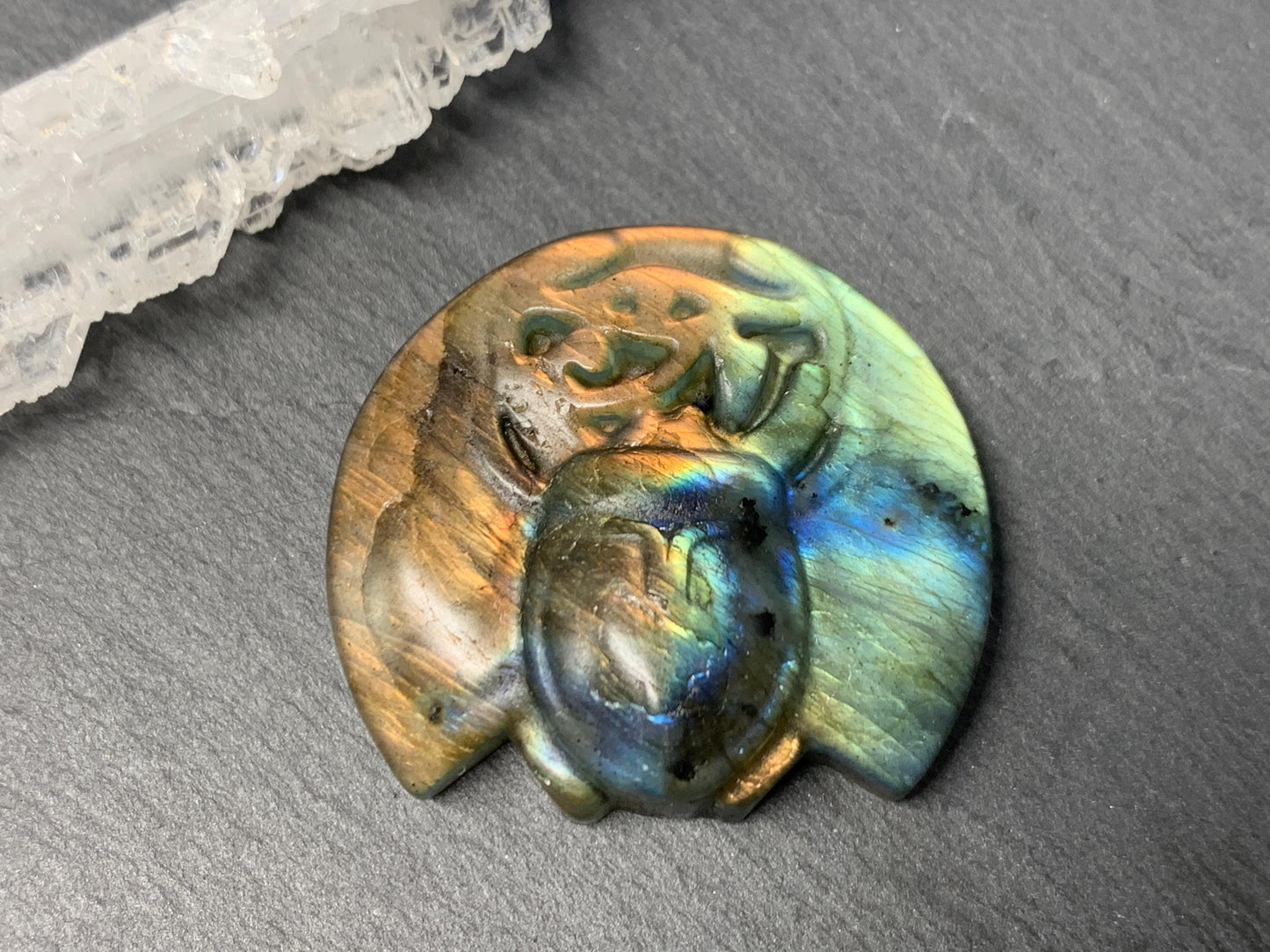 Labradorite Scarab Carving: Ancient Egyptian Eye of Horus Symbol of Protection (34x31mm)