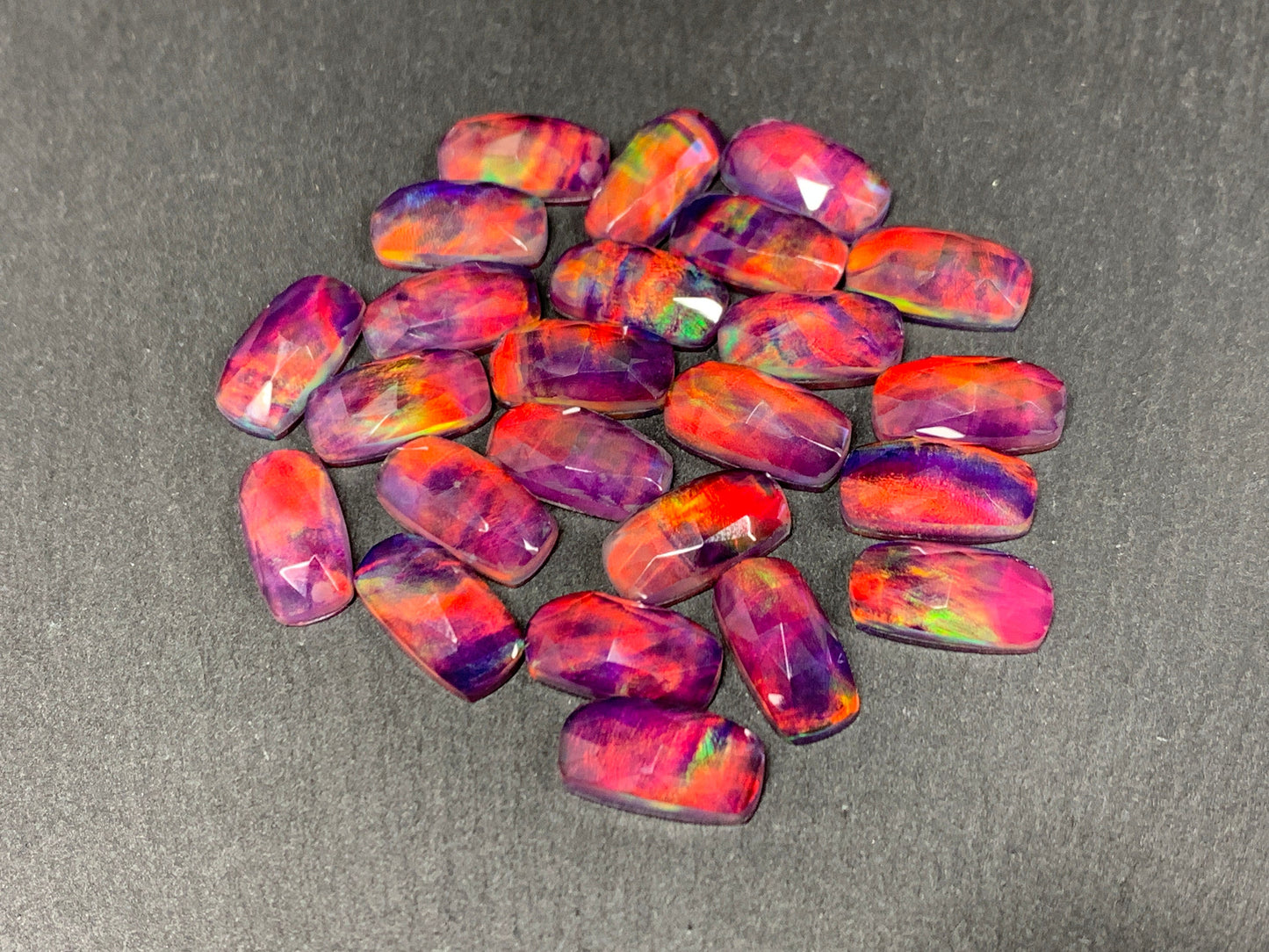 Faceted  Aurora Opal rectangle 7x14mm cabochon  - Doublet cabochons