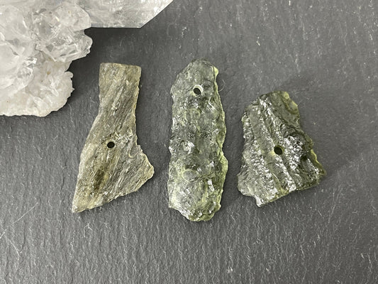 Raw Moldavite beads 16-26mm long - lot of 3 beads