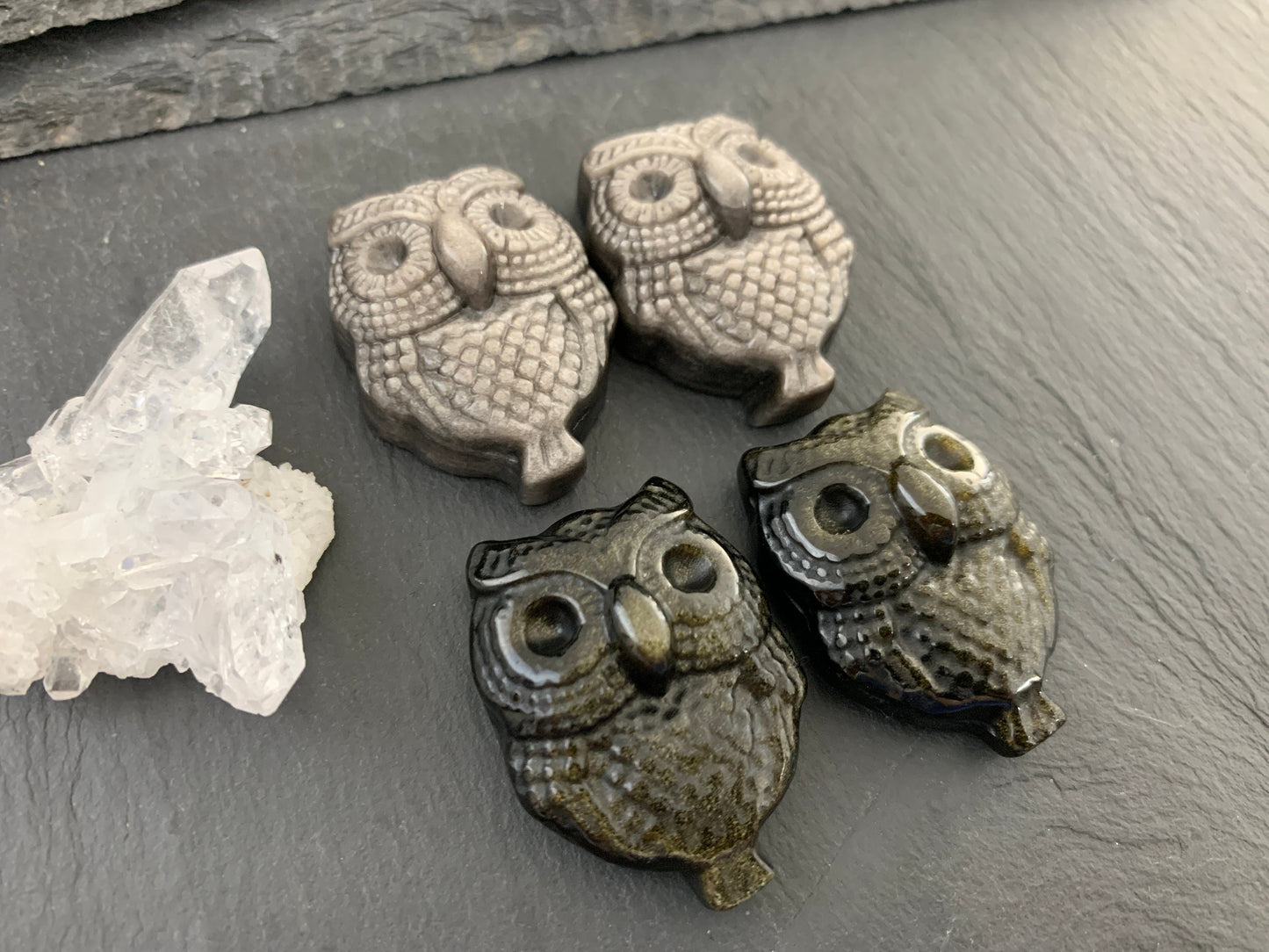 Silver & Gold Obsidian owl cabochon carving
