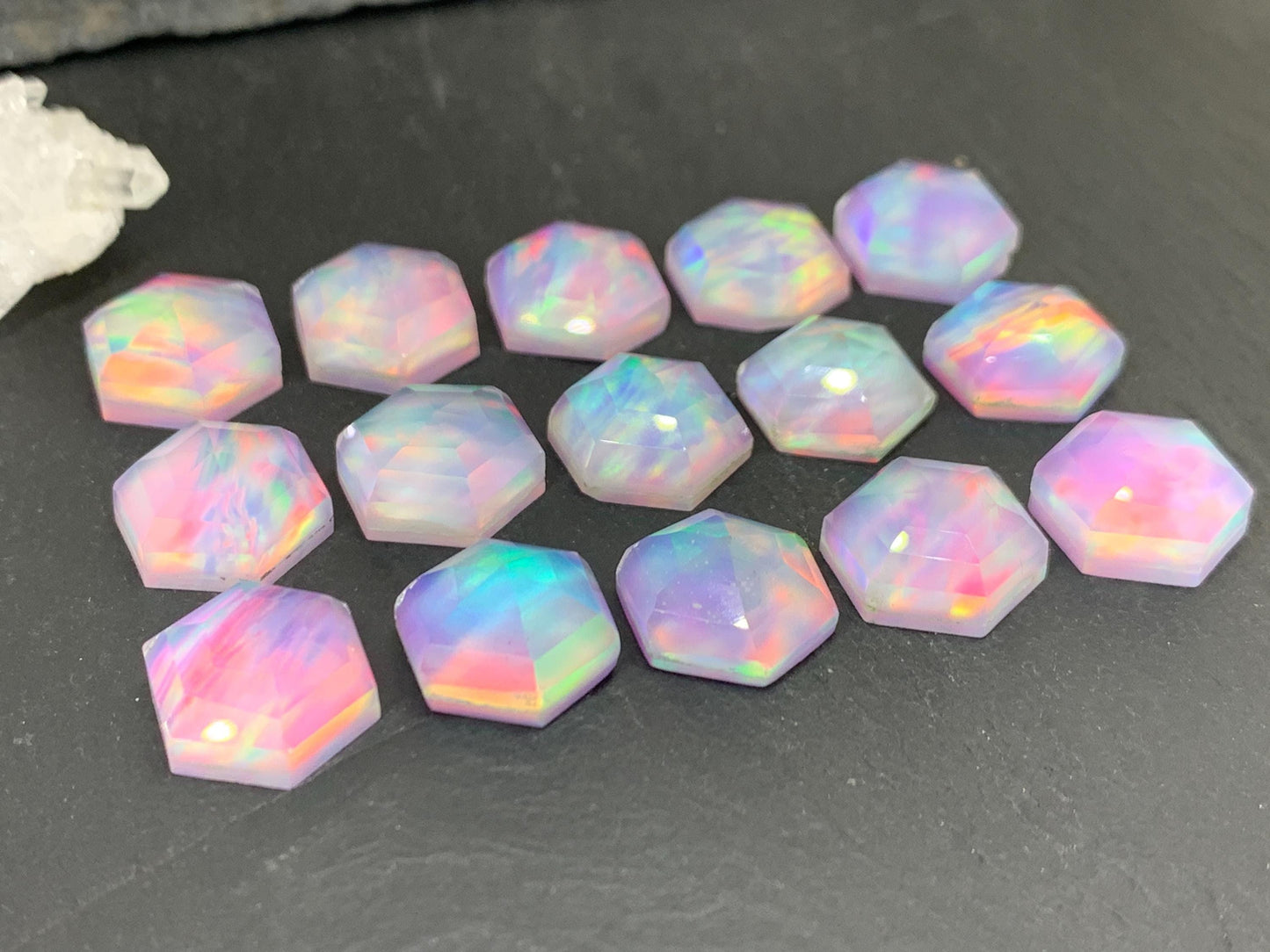 Faceted  Aurora Opal hexagon 12mm cabochon - Doublet cabochons - man made Opal