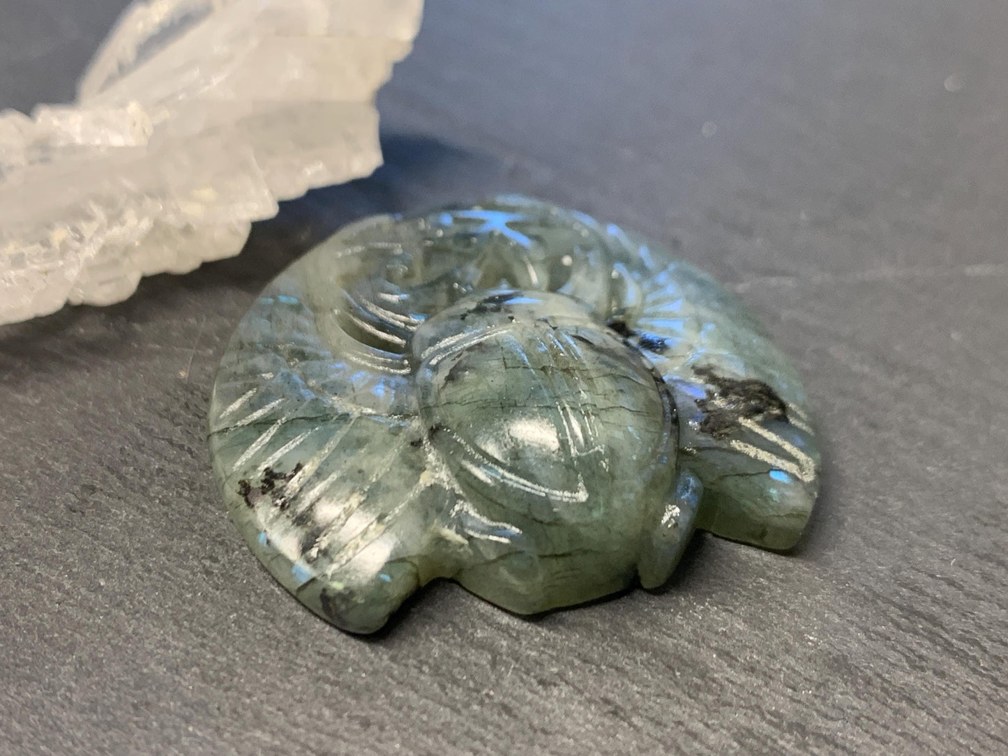 Labradorite Scarab Carving: Ancient Egyptian Eye of Horus Symbol of Protection (34x30mm)