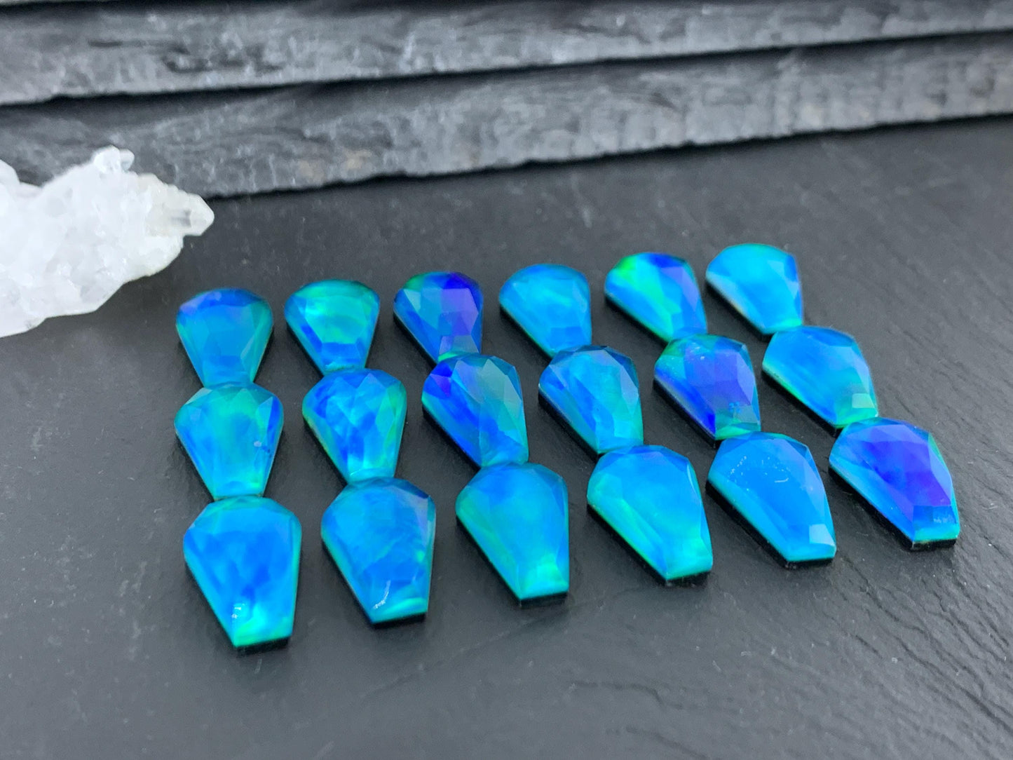 Faceted Aurora Opal coffin 10x16mm cabochon - Doublet cabochons