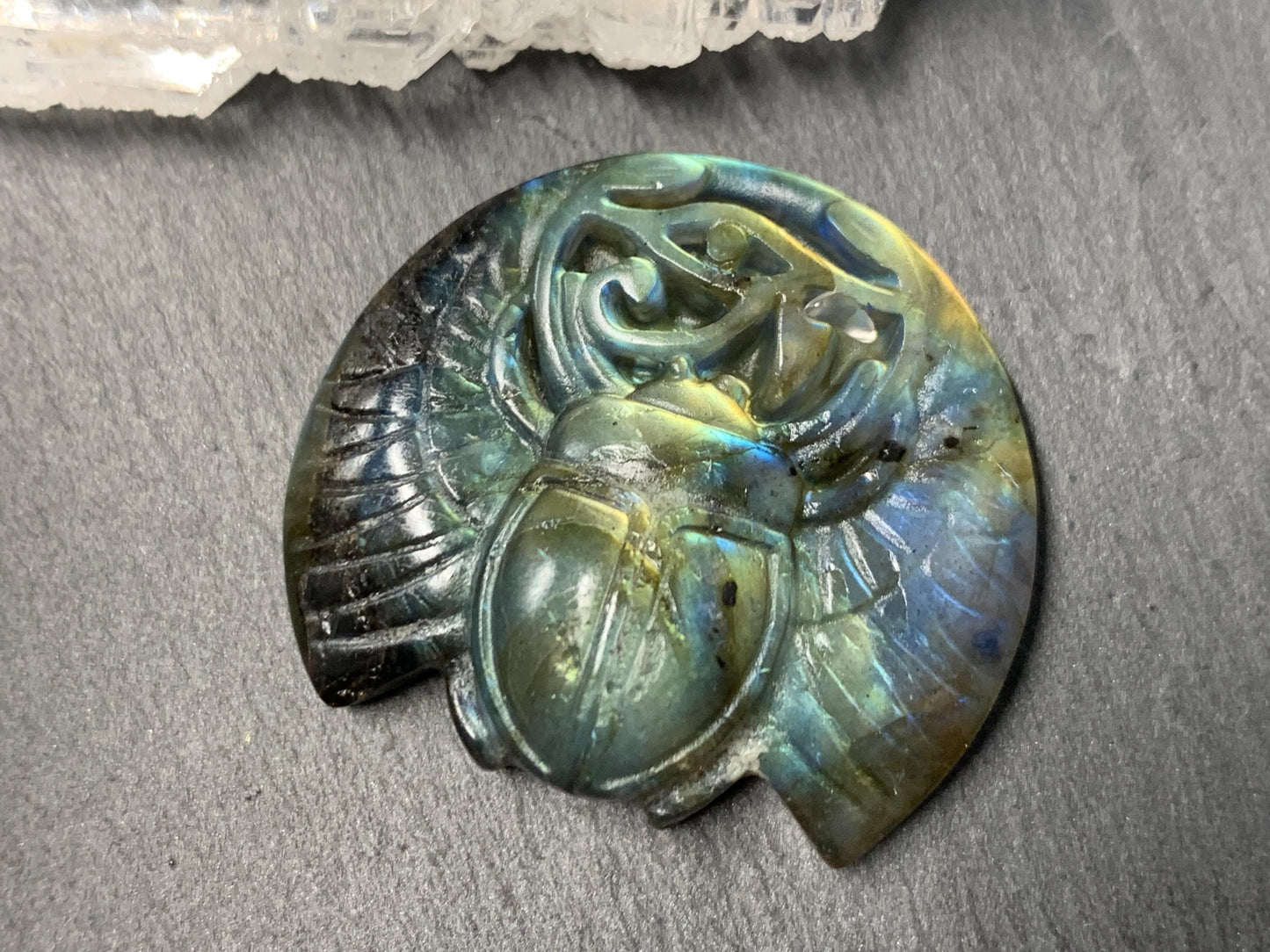 Labradorite Scarab Carving: Ancient Egyptian Eye of Horus Symbol of Protection (34x31mm)