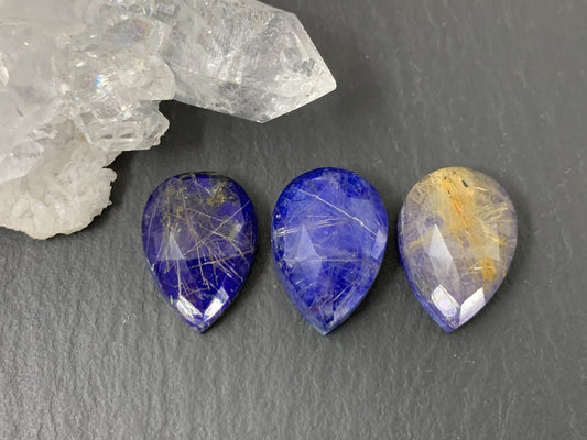 Faceted Gold Rutilated Quartz Lapis Lazuli pear 10x14mm cabochon - Doublem cabochons