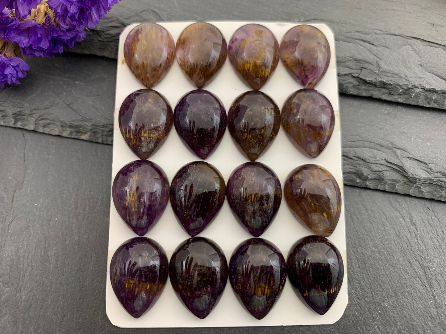 Amethyst Cacoxenite pear 15x20mm cabochon - Calibrated cabochons