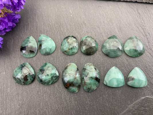 Faceted Emerald pair 13-18mm long cabochon