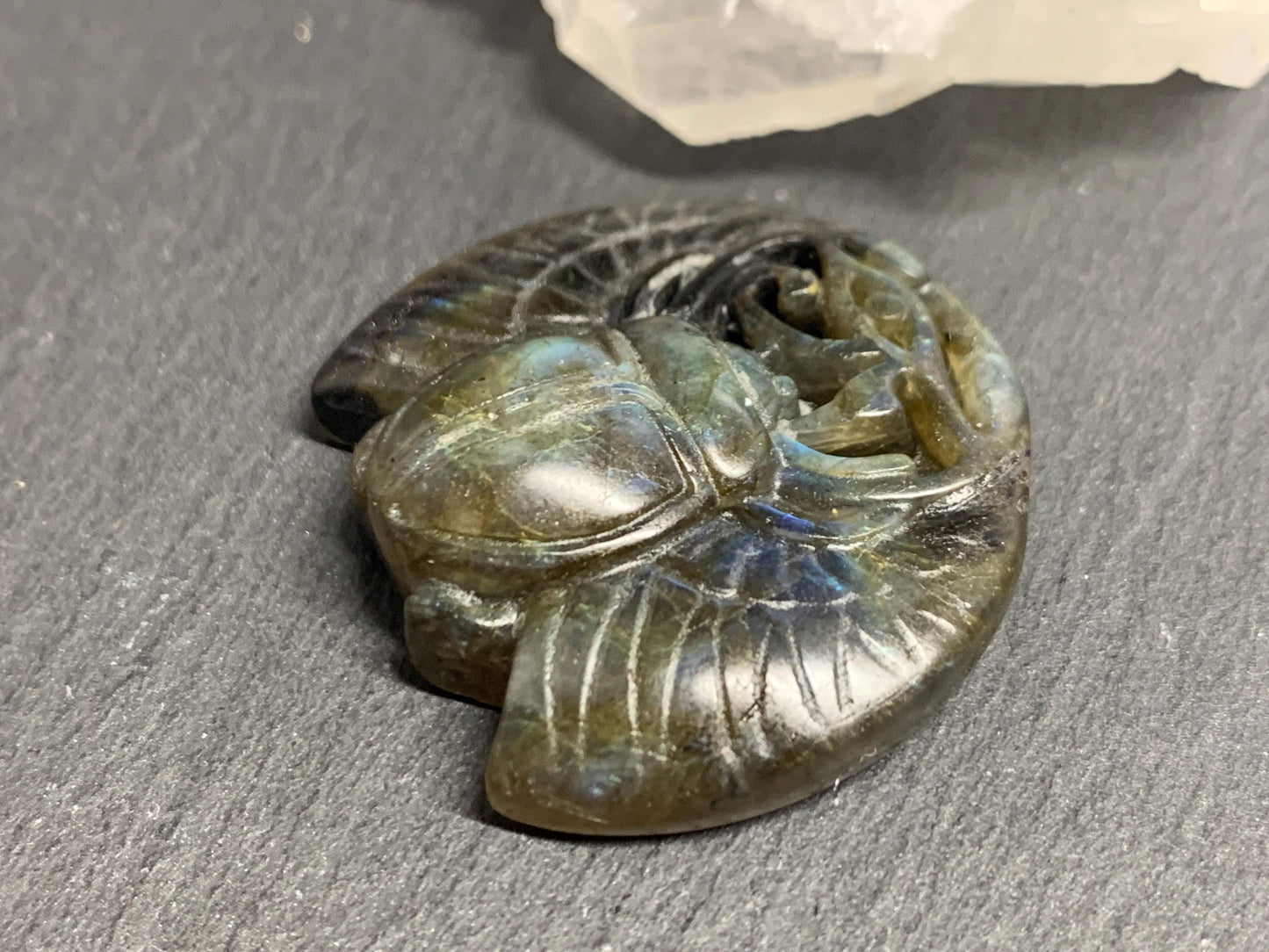 Labradorite Scarab Carving: Ancient Egyptian Eye of Horus Symbol of Protection (35x31mm)