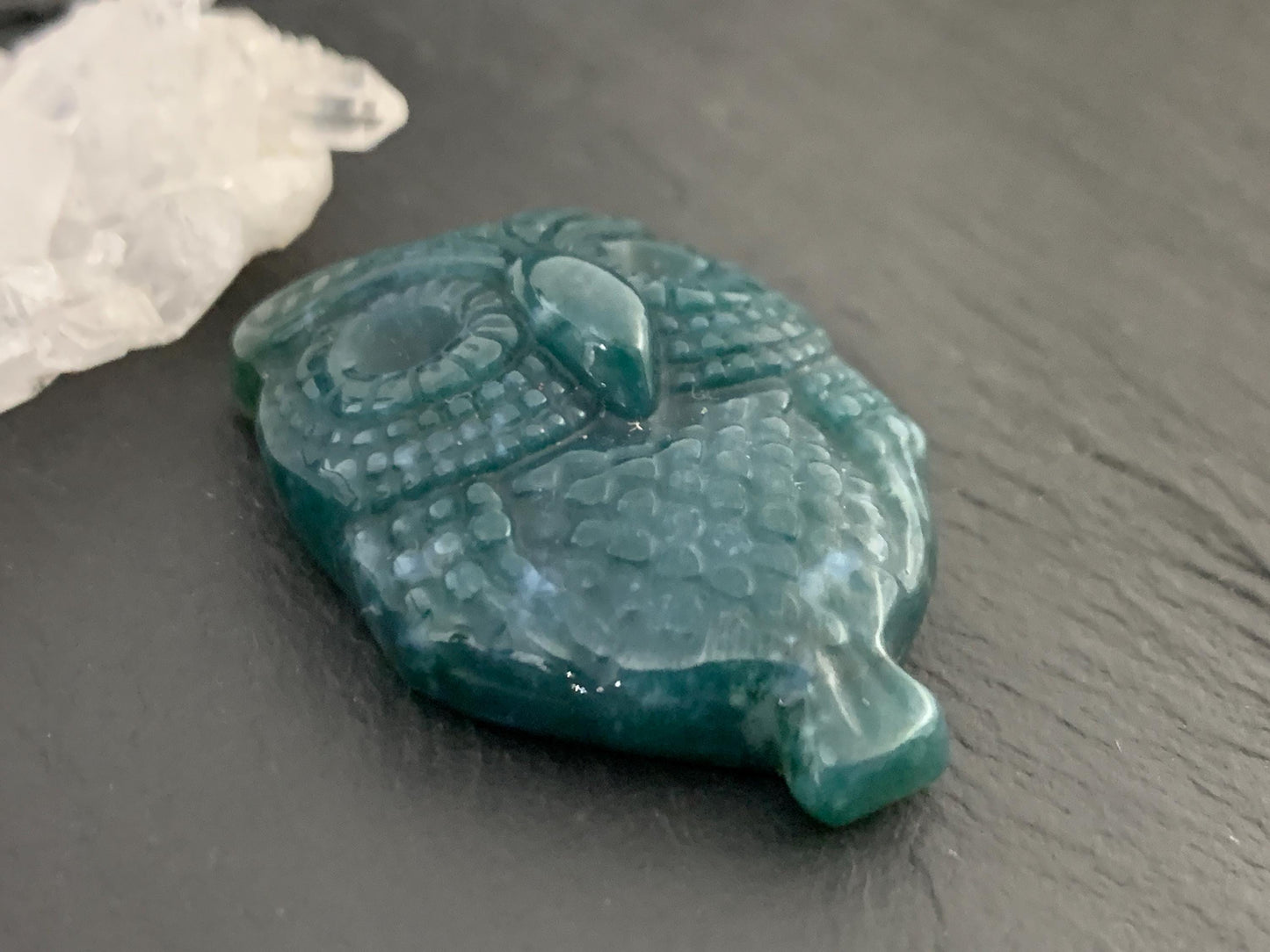 Ocean Jasper owl top drilled 26x35mm cabochon carving