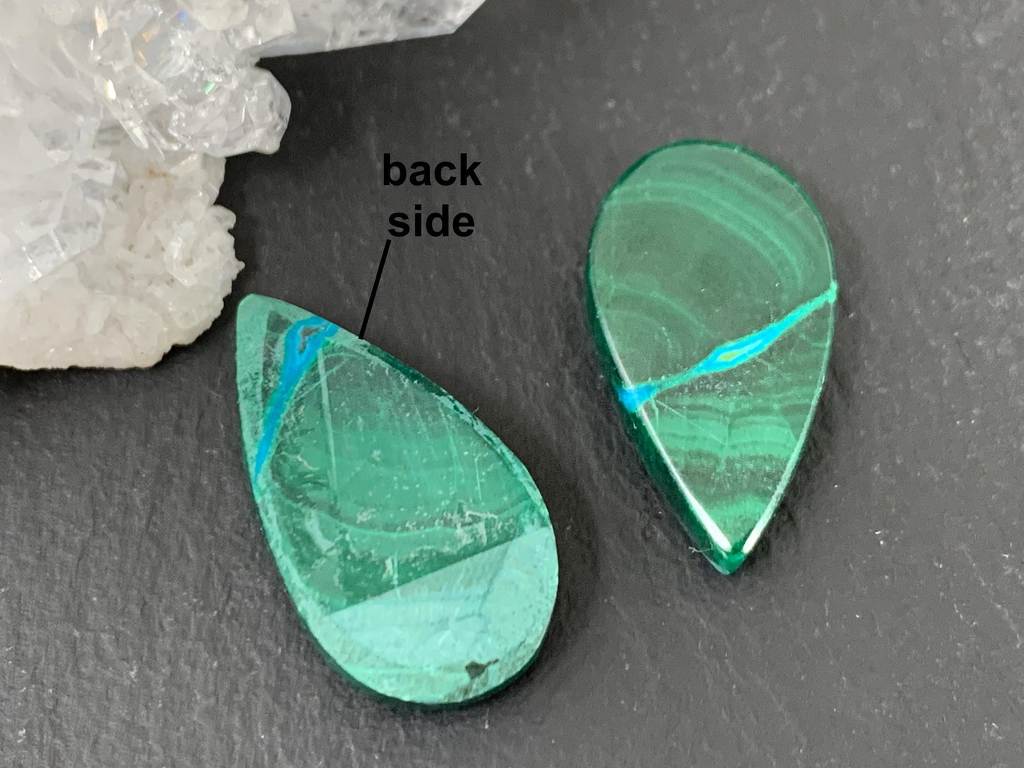 Malachite Chrysocolla pear 12x21x4.5mm cabochon pair