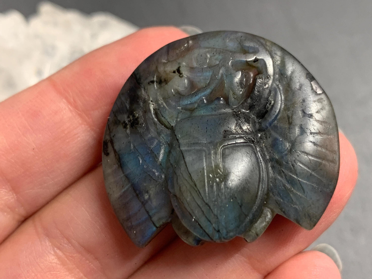 Labradorite Scarab Carving: Ancient Egyptian Eye of Horus Symbol of Protection (34x31mm)