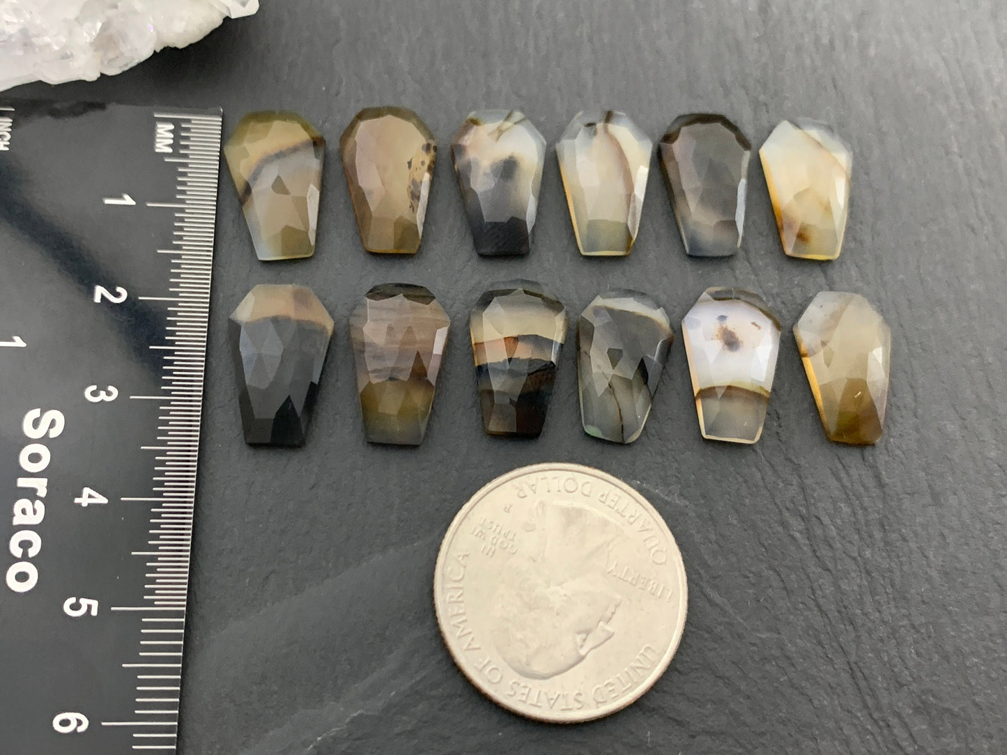 Faceted Montana Agate coffin 10x16mm cabochon